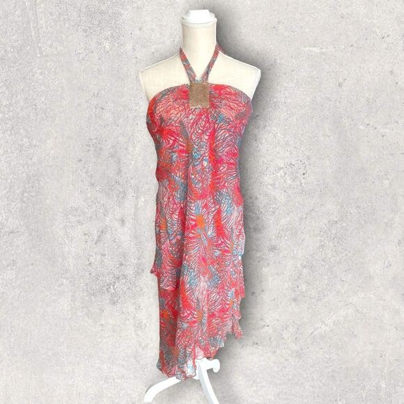 BCBG MAXAZRIA | NWT JEWELED FRONT LAYERE Tie Neck Dress In Flame Size 12 - Picture 1 of 7